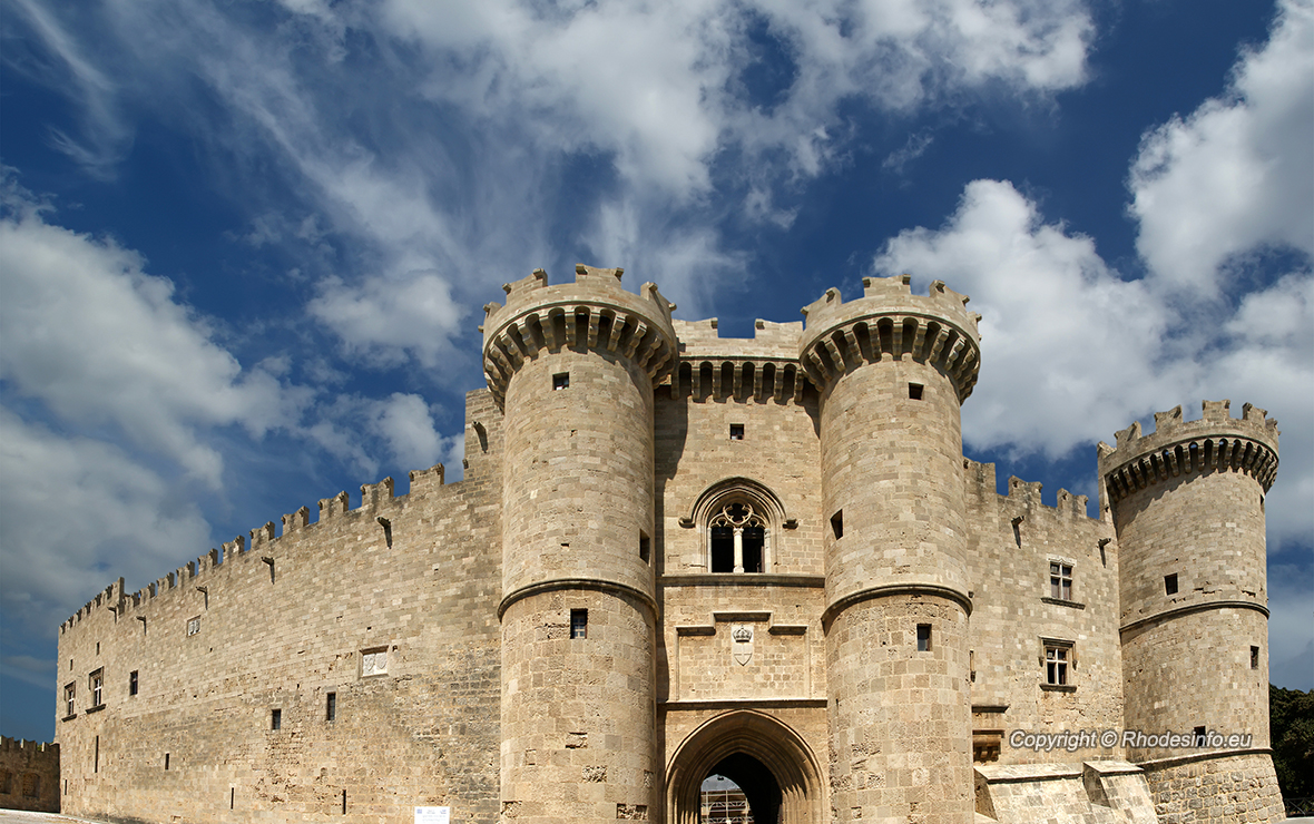 Rhodes Island, Greece, a symbol of Rhodes, of the famous Knights Grand Master Palace (also known as Castello) in the Medieval town of Rhodes
