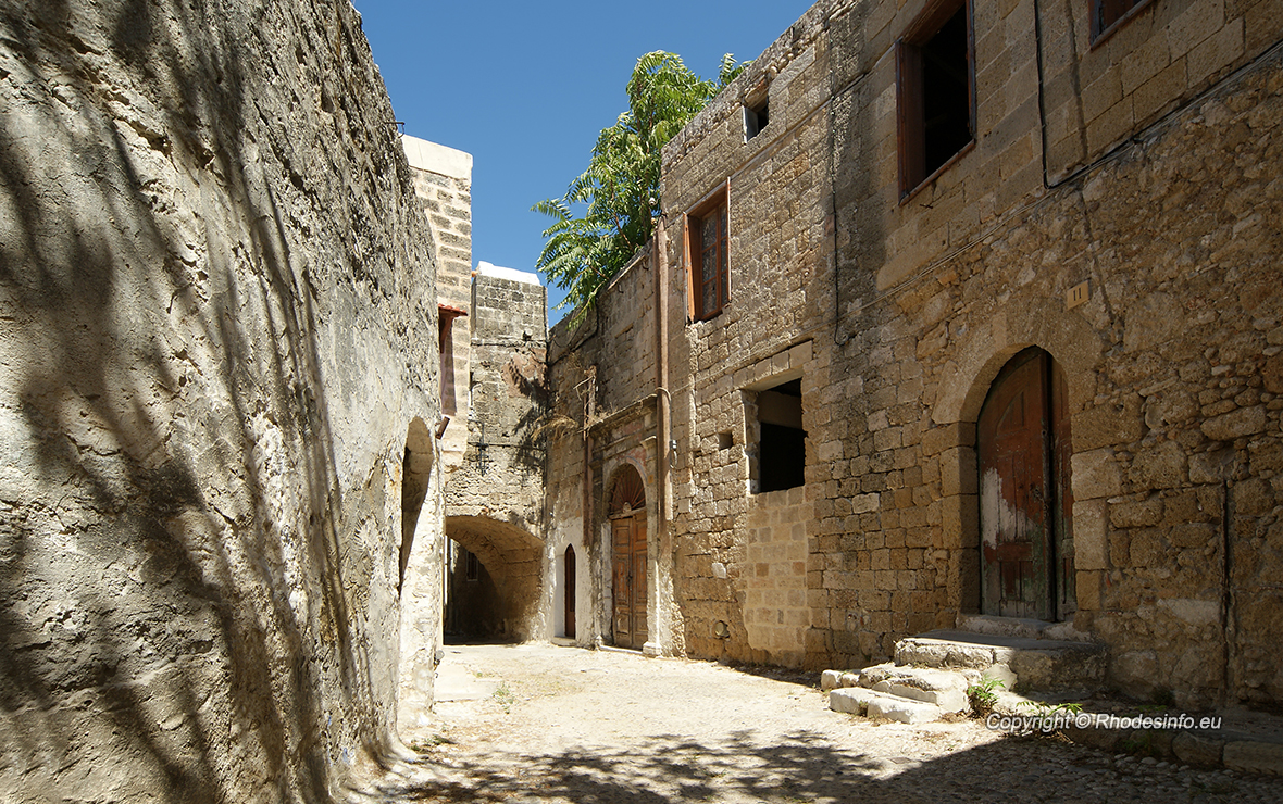 Medieval Avenue of the Knights, a cobblestone street in Rhodes Citadel , Greece